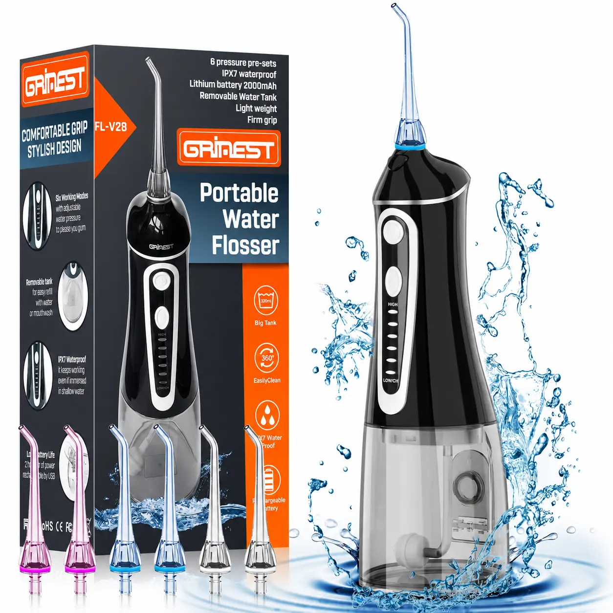 Grinest Water Dental Flosser Pick for Teeth, Cordless Water Dental pik Teeth Cleaner 7 Modes Rechargeable Oral Irrigator Portable IPX7 Waterproof Tooth flossing Cleaning for Home Travel