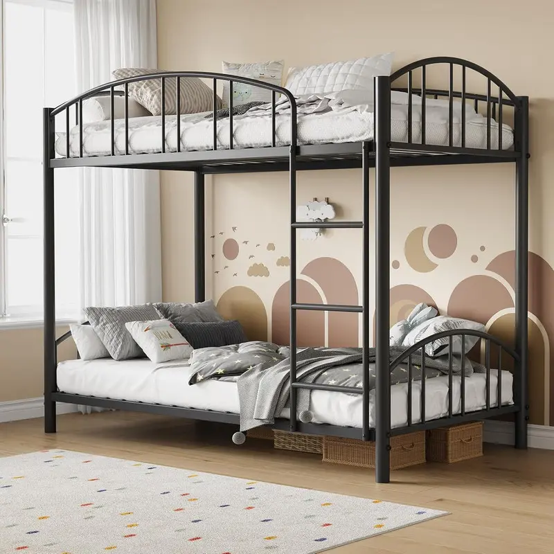 Metal Bunk Bed Twin Over Twin, Heavy Duty Bunkbeds Frame with Arched Guardrail and Safety Ladder, Sturdy Steel Bed for Kids Boys Girls, Space-Saving, No Box Spring Needed, Modern Black
