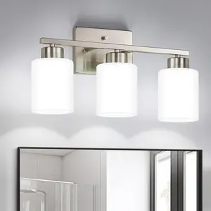 Brushed Nickel Bathroom Light Fixtures, 3-Light Modern Vanity Light Over Mirror, Wall Sconces with Milky White Frosted Glass Shades, E26 Socket (Bulbs Not Included)