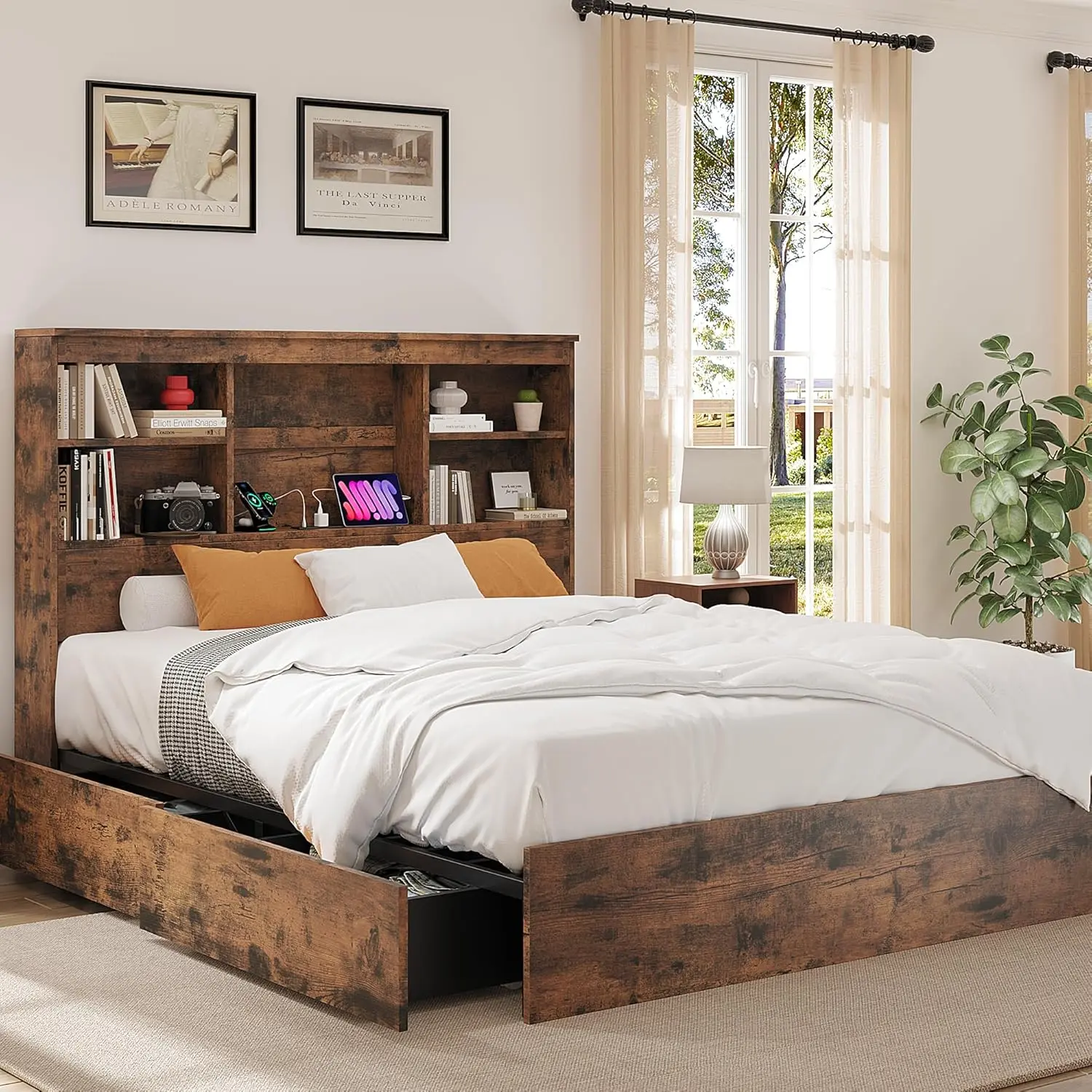 Vintage Brown King-Size Wood-Framed Bed - Farmhouse Style, High-Storage Bookcase Headboard, 4 Storage Drawers, Built-In Charging Ports, Noise-Free Metal Base, No Box Spring Needed, Wood-Framed Bed Frames