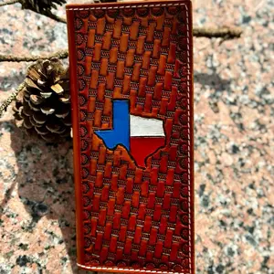 Genuine Leather Tall Slim Tally Book, Handcrafted, Embossed Art Design, Painted Emblem Detail, Stitched Cover, Ideal for Texas Oil Field Regional Pride Expression (Office Stationery & Supplies)