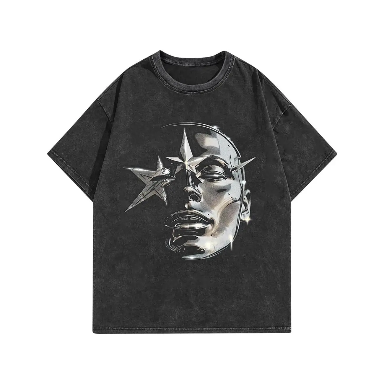 Chrome Face Star Graphic T-Shirt, Edgy Streetwear Metallic Print Tee, Y2K Aesthetic Unisex Shirt, Vintage Streetwear Casual Tee Top