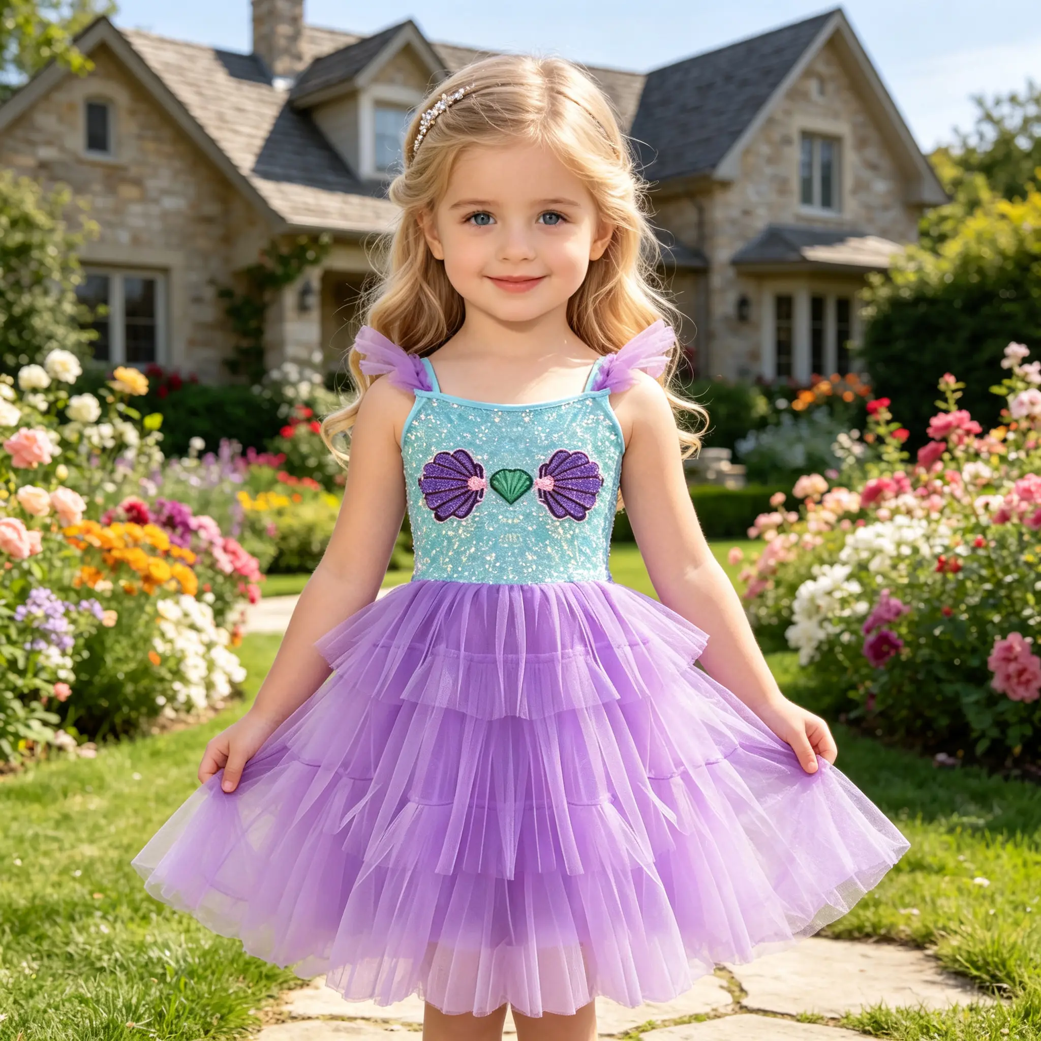 Girls Princess Dress, Mermaid Shell Sequin Tulle Tutu with Ruffle Straps for Birthday Party, Halloween Dress Up, Pageant and Dance Recital