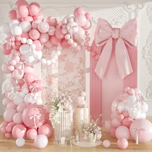 142Pcs Pink Balloon Garland Kit with White & Clear Bow Balloons for Baby Shower Birthday Decor