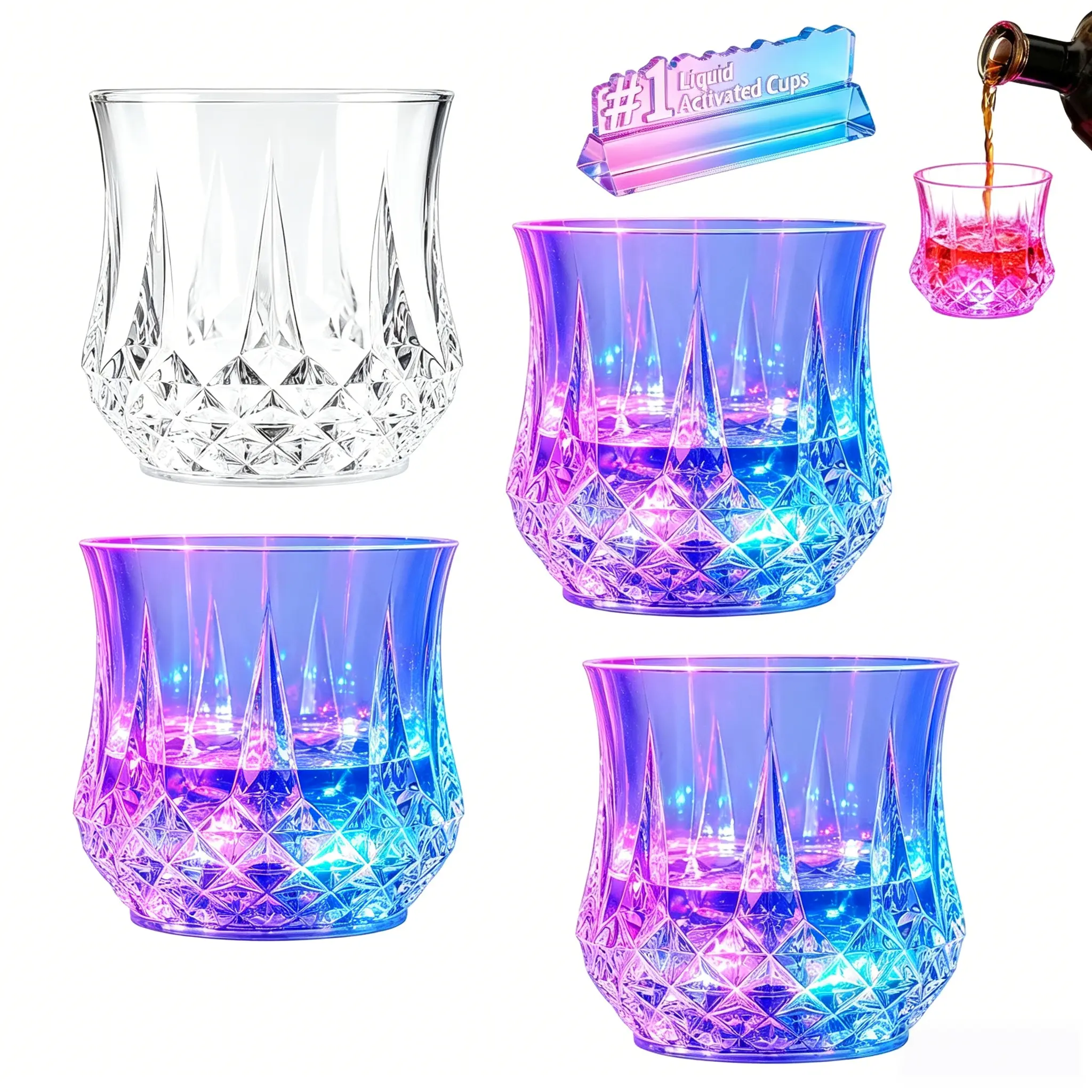 Liquid Activated LED Color Changing Glasses Set - Acrylic Multicolor Flashing Drinking Glassware, Unisex Pre-Packed Party Gifts for Bar Disco Decor (2/4/6-Pack, 4-Pack Option Included), 2/4/6 Pcs