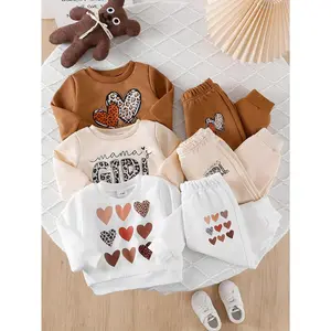 6-piece Set for Toddler Girls Autumn Winter Outfit, Leopard Heart Print Fashion Pullover, Long Sleeve Crew Neck Sweatshirt + Jogger Pants Set, Suitable as a Gift, Suitable for Outdoor Wear