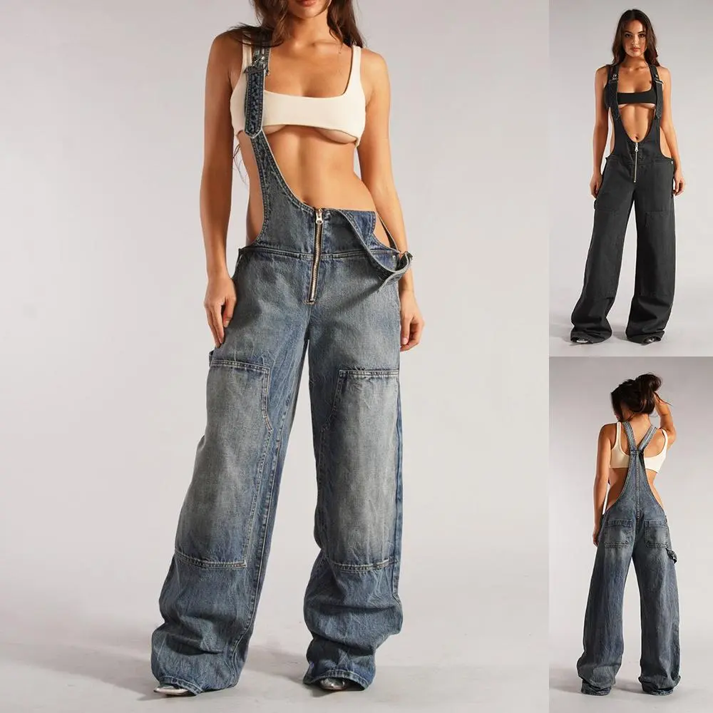 Y2K Denim Overalls With Pockets Casual Loose-Fit Jeans jean perfect the woman