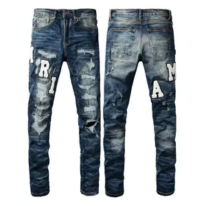European And American High Street Men's Trendy Jeans Men's Embroidered Letter Ripped Patch Stretch Slim-fitting Pants Cat Cotton Denim Fabric