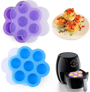 Silicone Air Fryer Egg bite Mold,2 Pack Reusable Egg Bites Pan with Lid-Alternative to Sous Vide Egg Bite Maker,Nonstick 7 Cups(Each Cavity Diameter 1.5in),Air Fryer Accessories