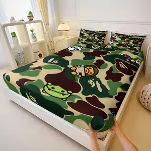 3Pcs Baby Milo Character Jungle Camo Fitted Sheet Set No Fillers, Fun Cartoon Animal Camouflage Bed Sheet Set, Urban Streetwear Kawaii Bedding Set with Pillowcases, Deep Pocket for Kids Teens Adults Bedroom Dorm Decor