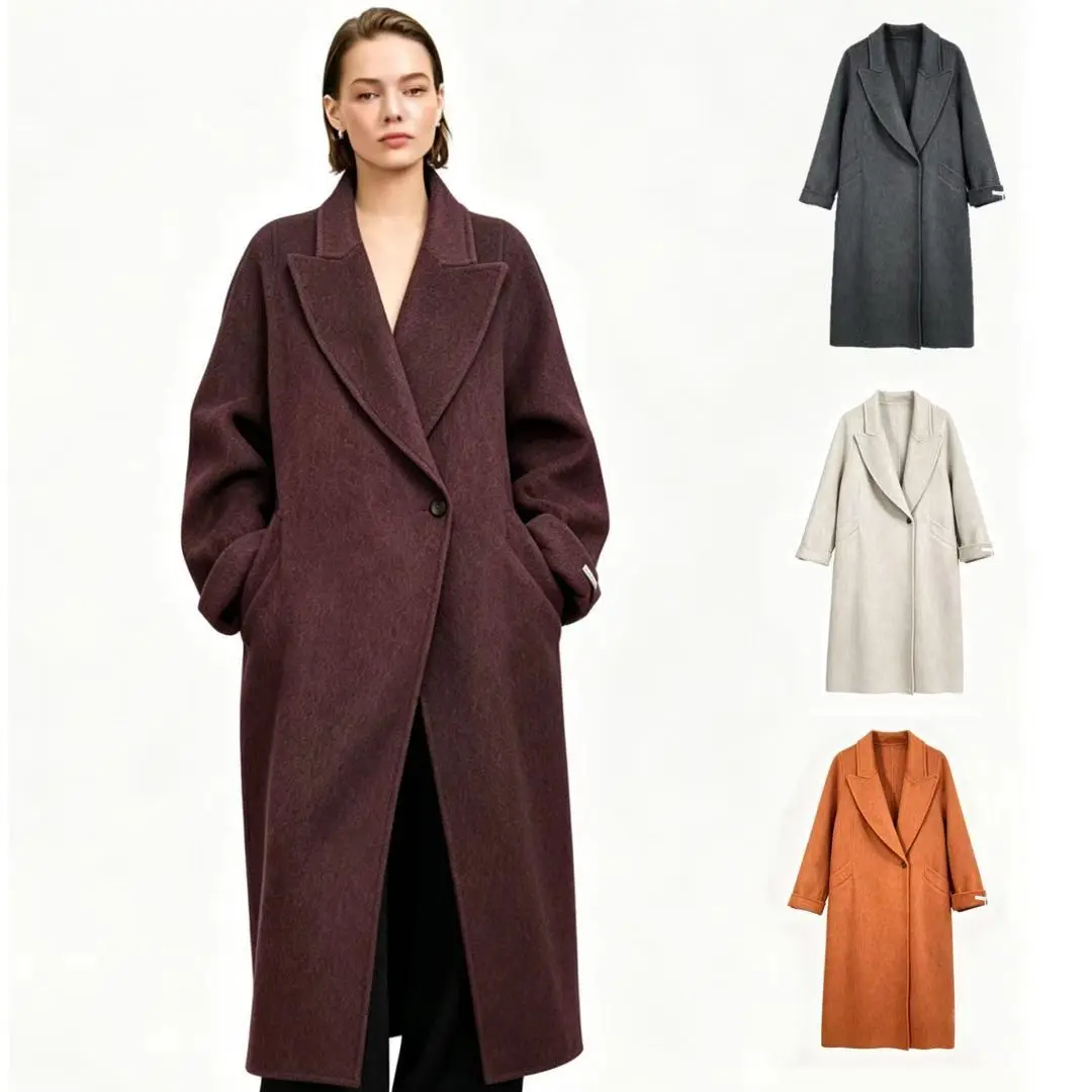 【CC8830】 Modest 100% Merino Wool Long Wrap Coat, Collared Long-Sleeve Outerwear with Adjustable Waist Belt, Solid Plain Wrap-Fit Top, Long Sleeves