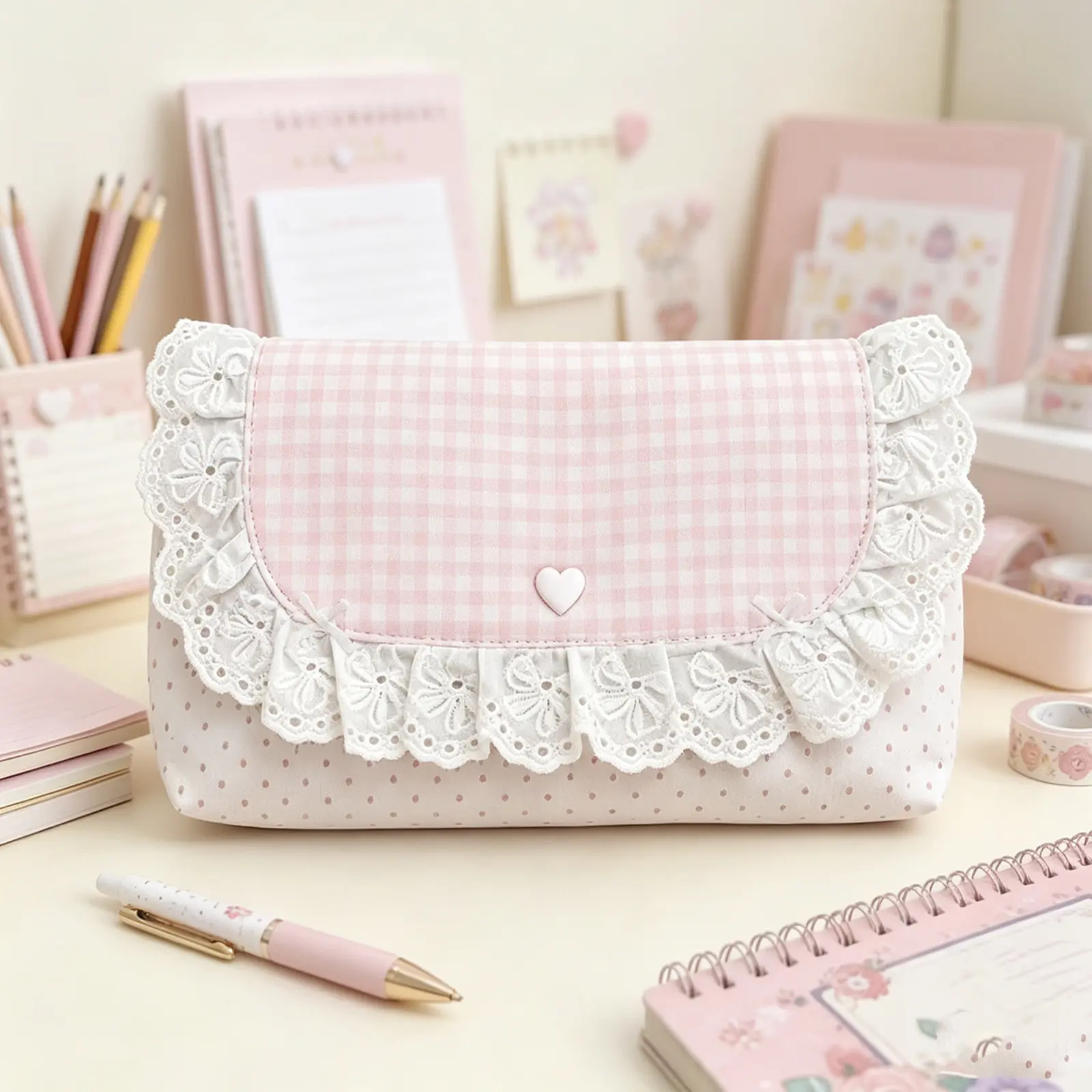 1‑Piece Pink Plaid Lace Storage Pouch, Compact Multi‑Purpose Organizer Bag with Flip Cover. Ideal for storing coins, cards, sticky notes, pens and small accessories. Made of soft fabric with delicate lace trim, perfect for school, office organization and
