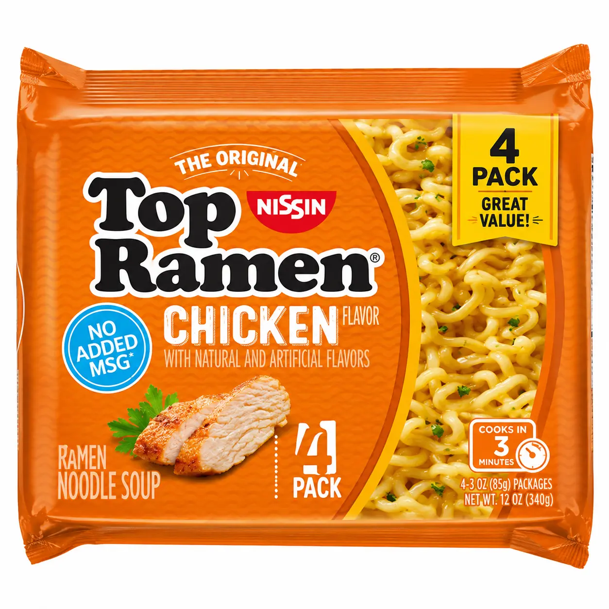 Nissin Top Ramen Chicken Flavor Instant Ramen Noodle Soup 4 Pack Quick Easy Meal Savory Chicken Flavor Family Pantry Essential