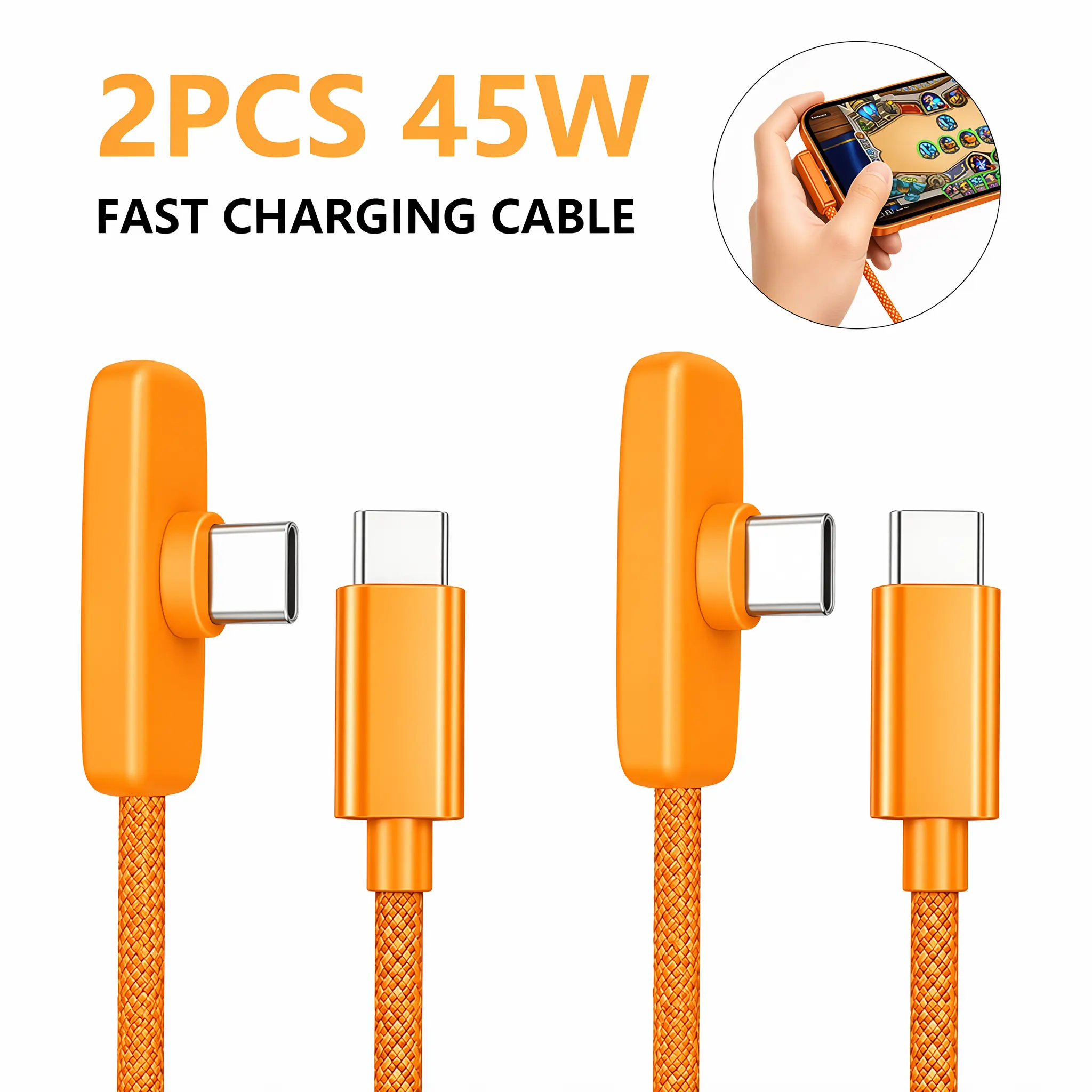45W/100W Right Angle USB-C Cable PD Fast Charging USB-C to USB-C Cord for iPhone 15/16/17 Pro Max iPad MacBook 90 Degree Braided Gaming Charger Cable No Hand Blocking