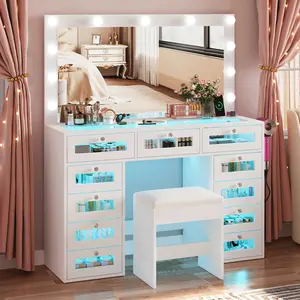 Makeup Vanity Desk with LED Lighted Mirror, Tempered Glass Top, 7 Drawers, RGB Ambient Lighting, Vanity Table for Bedroom