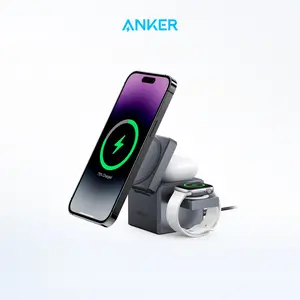 Anker 3-in-1 MagSafe Charger Stand, Foldable, 15W Fast Charging for iPhone 17 / 16 / 15 / 14 Series, Apple Watch, and AirPods (Charger and Interchangeable Plugs Included)