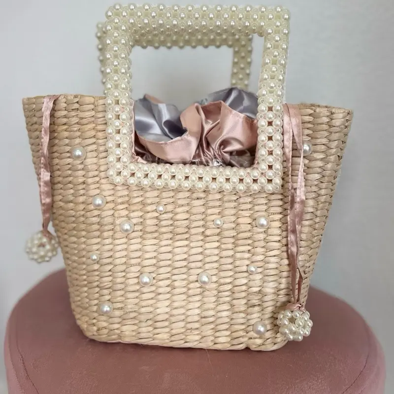 Pearl Handle Braided Bag Straw Women Bag Shoulder Diagonal