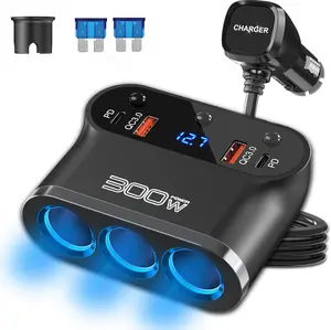 7 in 1 Cigarette Lighter Adapter:  300W 3 Socket Car Charger Extensions 12V Splitter with Dual PD USB C 30W and QC3.0 18W 12V USB Outlet Ports, 12 Volt Car Plug with LED Voltage Separate Switch