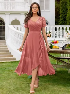 MIUSOL 54521A V-Neck Sequin Lace Contrast Chiffon Ruffle Trim Hem Elegant Prom Party Swing Dress,For Wedding Guest, Dinner