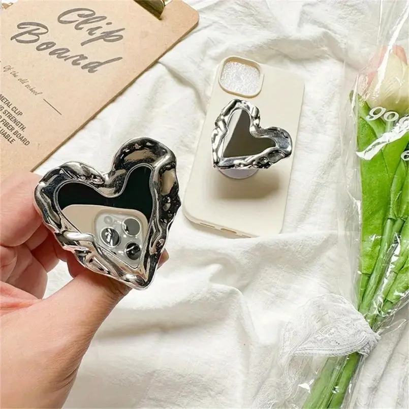 Silver heart-shaped phone holder with luxurious mirror design, suitable for iPhone and Samsung devices, Smartphone Holder, Phone Grip Holder, Cell Phone Holders