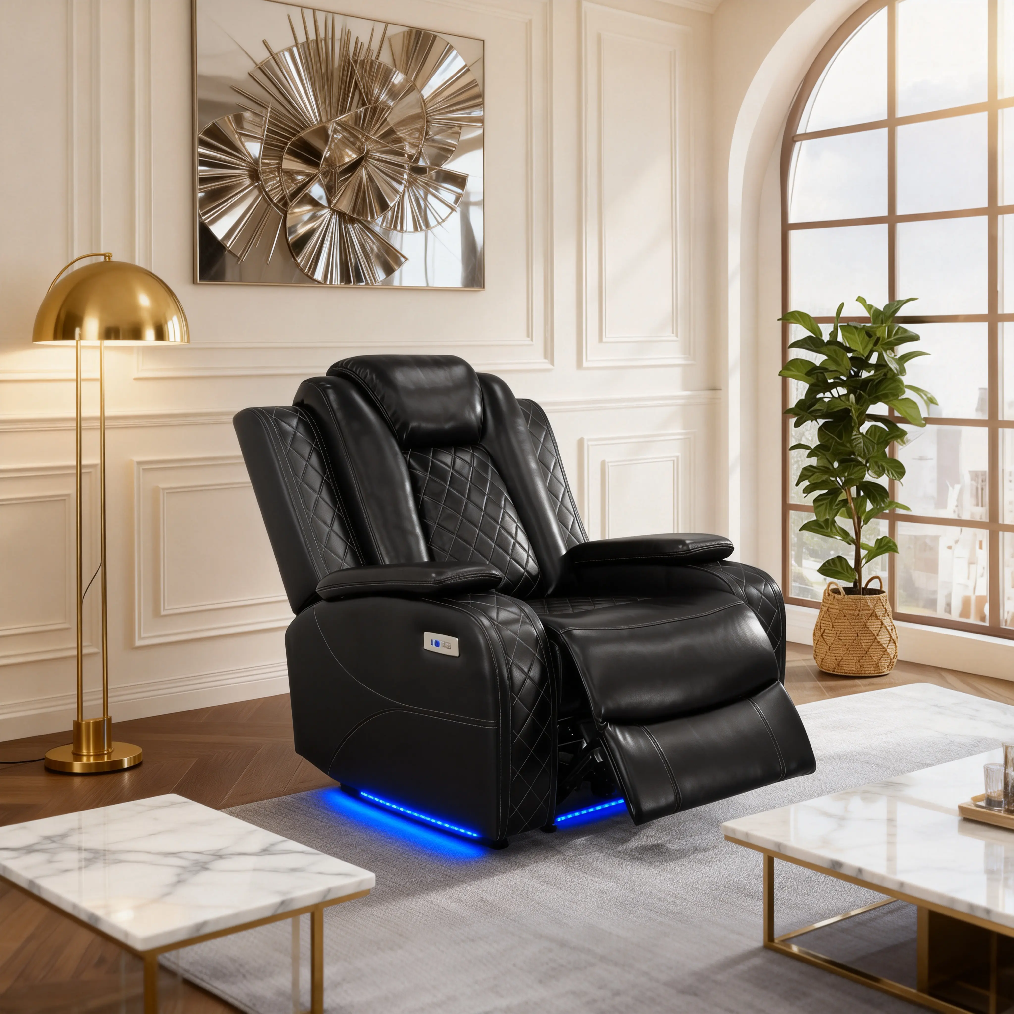 Luxurious Height-Adjustable Quilted Black Leather Electric Lift Recliner Chair - Power Armrests, Full-Body Massage, Blue LED Lights, Relaxation & Stress Relief for Home Theater, Lounge Use