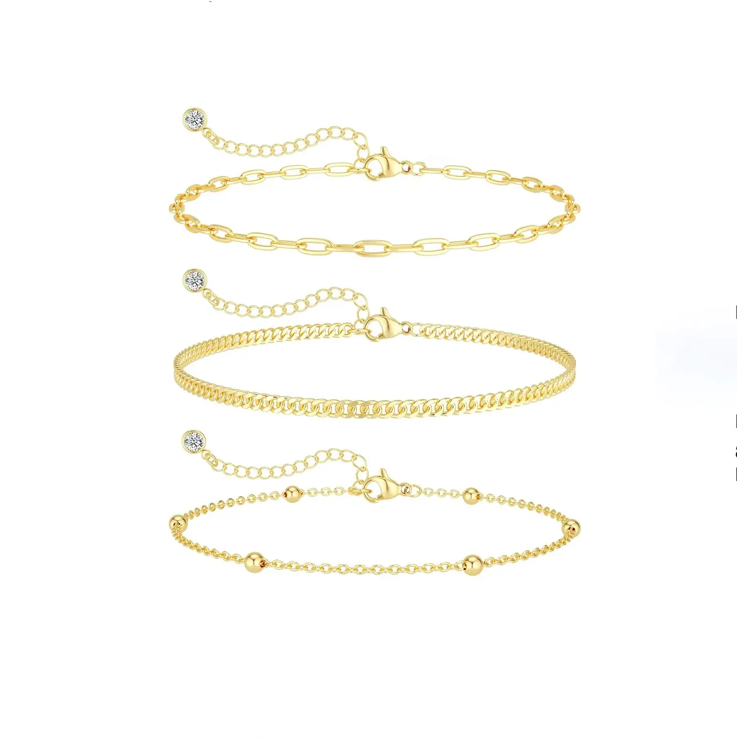 Tewiky 3Pcs 14K Gold/Silver Plated Bead Ankle Copper Bracelets for Women Beaded Anklets for Women Pack Stackable Link Anklets Set Layered Cute Summer Beach Anklets Jewelry Gift For Valentine's Day gifts
