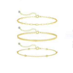 Tewiky 3Pcs 14K Gold/Silver Plated Bead Ankle Copper Bracelets for Women Beaded Anklets for Women Pack Stackable Link Anklets Set Layered Cute Summer Beach Anklets Jewelry Gift For Valentine's Day gifts