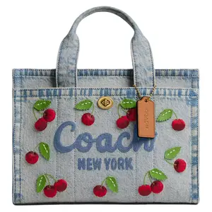 COACH Cargo 26 Cherry Embroidery Tote Bag With Denim And Vachetta Leather For Women