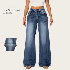 CANANA Women's Plus Size High-Waisted Stretch Wide Leg Flared Baggy Denim Jeans Dark Wash '90s Retro Style Casual Trousers with Zipper Comfortable for Office & Streetwear SH25F12  #SpringStatement