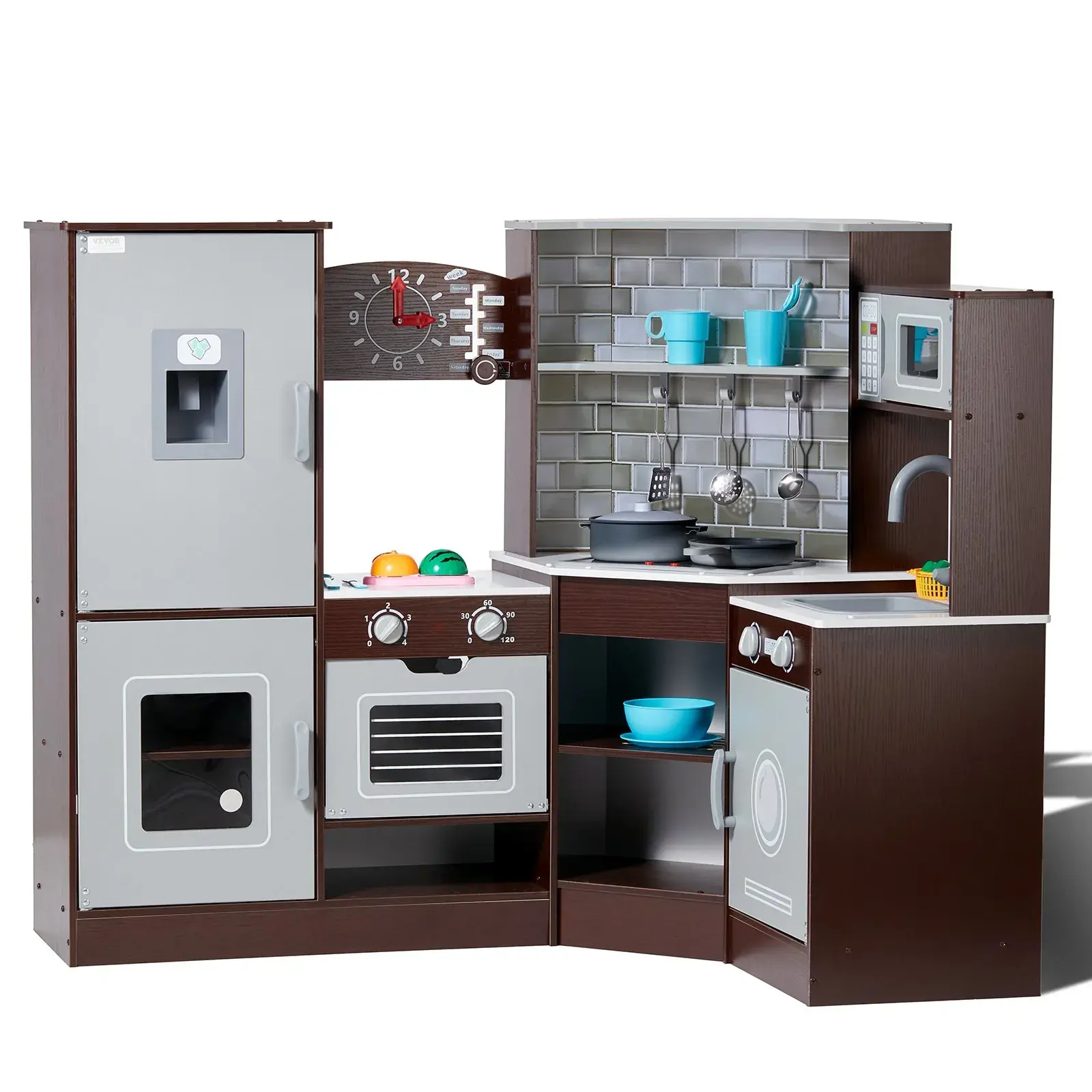 【SummerFinds】VEVOR Brown Wooden Kid Cooking Sets for Toddlers, Kid-Safe Nontoxic Corner Playset with Lights & Sounds, Including Ice Maker, Oven, Sink, Clock, Microwave, Refrigerator & Accessories