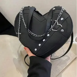 Women' Gothic Y2K Punk Rock Heart-Shaped Shoulder Bag - Rivet-Embellished Cross-Body Purse with Adjustable Strap & Zipper Closure, Music Festival Outfit EssentialNovelty & Gag Toys Gag Toys & Practical Jokes