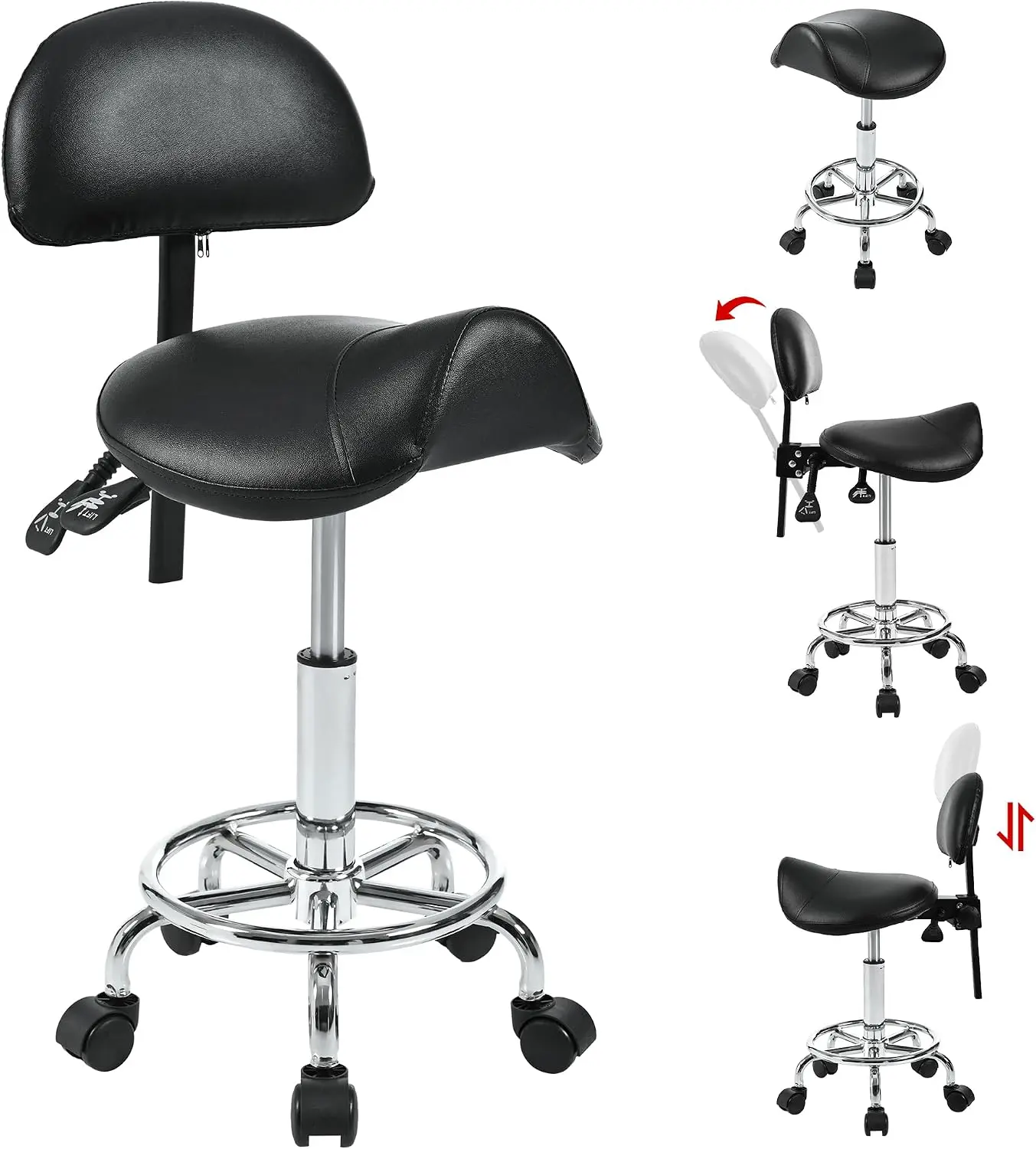 Ergonomic Modern Salon Swivel Chair - Saddle Stool with Adjustable Back Support, Curved Seat, Foot Rest, Height & Angle, Foam PU Metal Frame, Rolling Wheels for Spa Tattoo Office Use