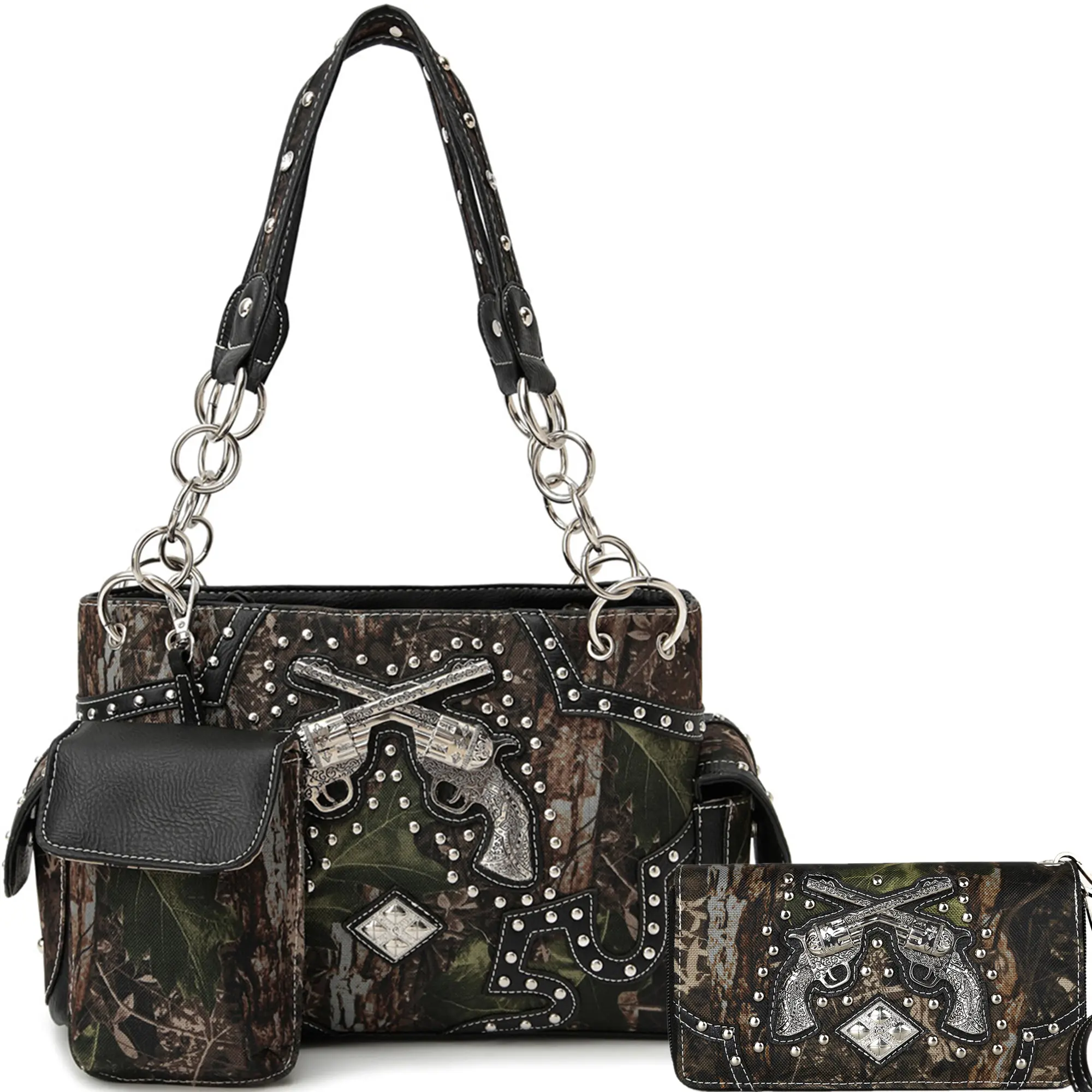 Cowgirl Trendy Women's Western Cowboy Camo Crossbody Handbag Set with Studs, Crossed Guns Accent & Chain Strap - Casual Vibes, Everyday Carry, Country Romance Women's Crossbody & Shoulder Bags, Fashionable Bags, Polyester, Embroidery, Zip