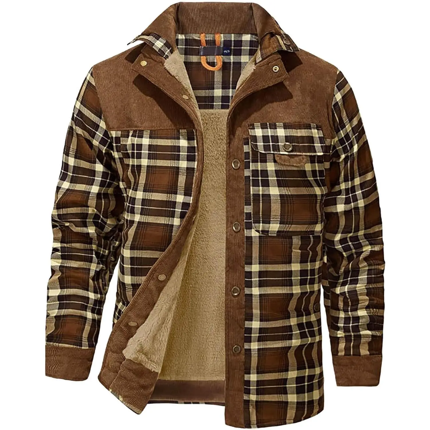 Zaitun 2025 Menswear Corduroy Plaid Print Coat - Mensfashion Sherpa-Lined Flannel Shirt Jacket, Detach Hood Zip, Diamond Quilted Fleece Top, Modern Urban Look with Vintage Plaid, Hood Swap Style Casual Outerwear