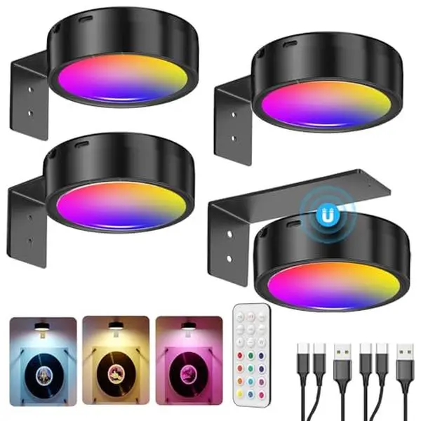 Black Wireless Picture Lights for Wall, 2600mAh Rechargeable Battery Operated Art Light, RGB Color Changing LED Puck Lights with Remote Timer, Dimmable Gallery Wall Sconces for Canvas Painting Photo Frame Display, Renter Friendly Room Aesthetic Decor Gift