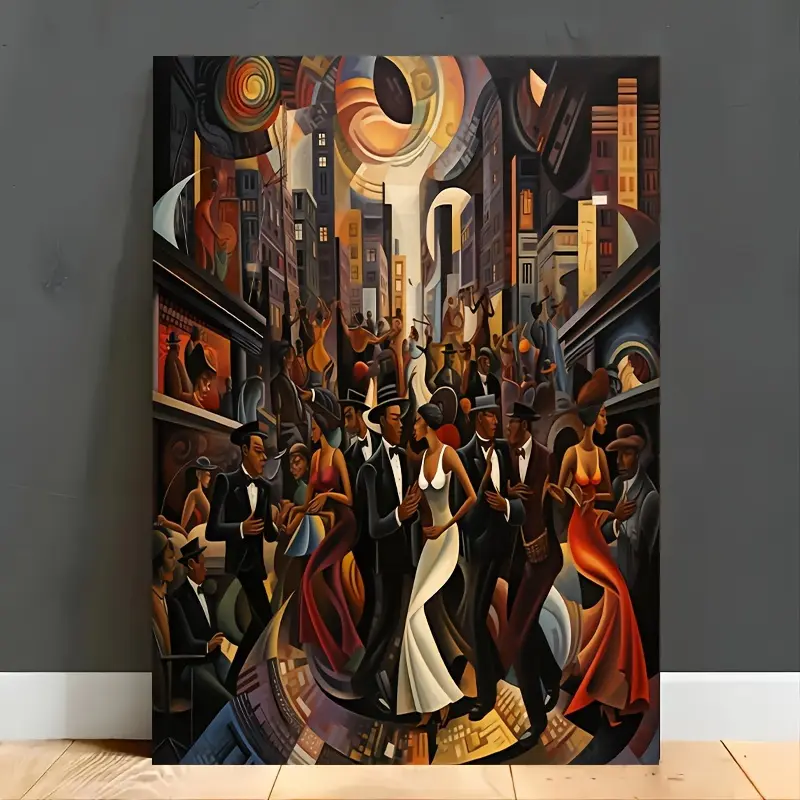 Harlem Renaissance Jazz Night Cubism Wood Canvas Print - Geometric Black Culture Artwork, Framed/Unframed 1920s Universal Home Decor Items for Living Room, Kid Room Wall Hanging