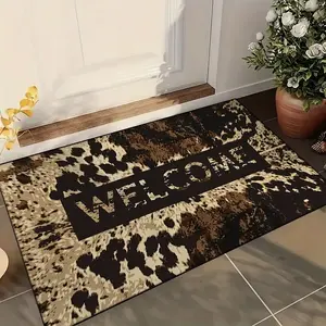 Rustic cow print with WELCOME text, Suitable for living room, bedroom, dining room, furniture decoration aesthetics, anti-slip rubber back