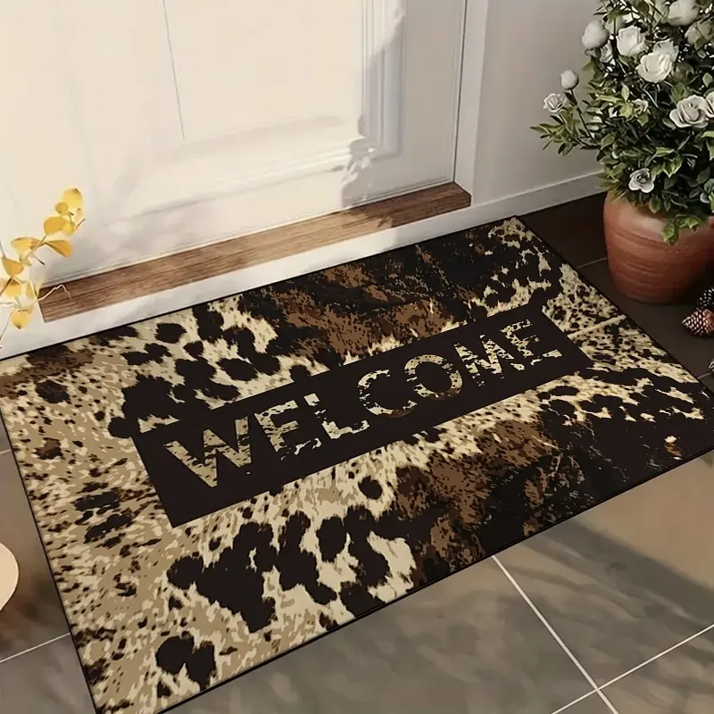 Rustic cow print with WELCOME text, Suitable for living room, bedroom, dining room, furniture decoration aesthetics, anti-slip rubber back, Animal Print Rug, Decorative Rug