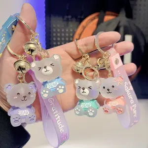 4pcs Cute Frosted Bear Keychain with Bell & Wrist Strap, Kawaii Aesthetic Bag Charm, Car Key Ring Pendant for Women Girls Couple Gift