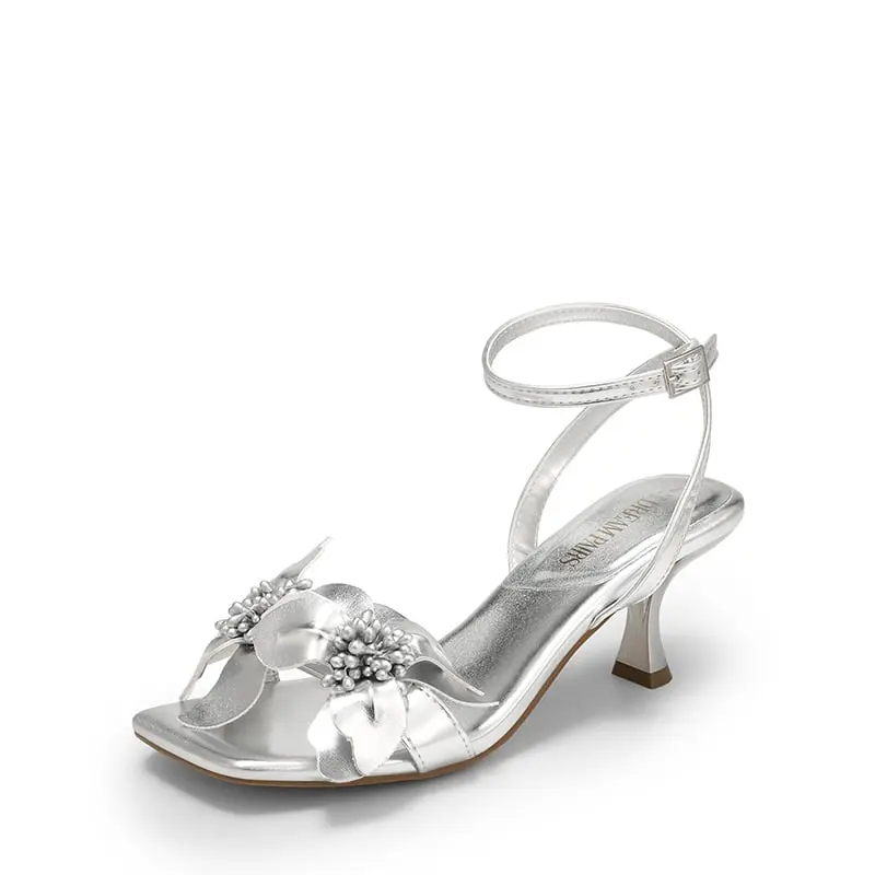 Dream Pairs Women's Elegant Kitten Heel Sandals with Flower Appliqué, Vegan Leather Square Toe Heels for Summer Parties & Weddings, Dressy Sandals, Fashionable Party Shoes, Fashionable Floral Sandals, Sandals For Summer