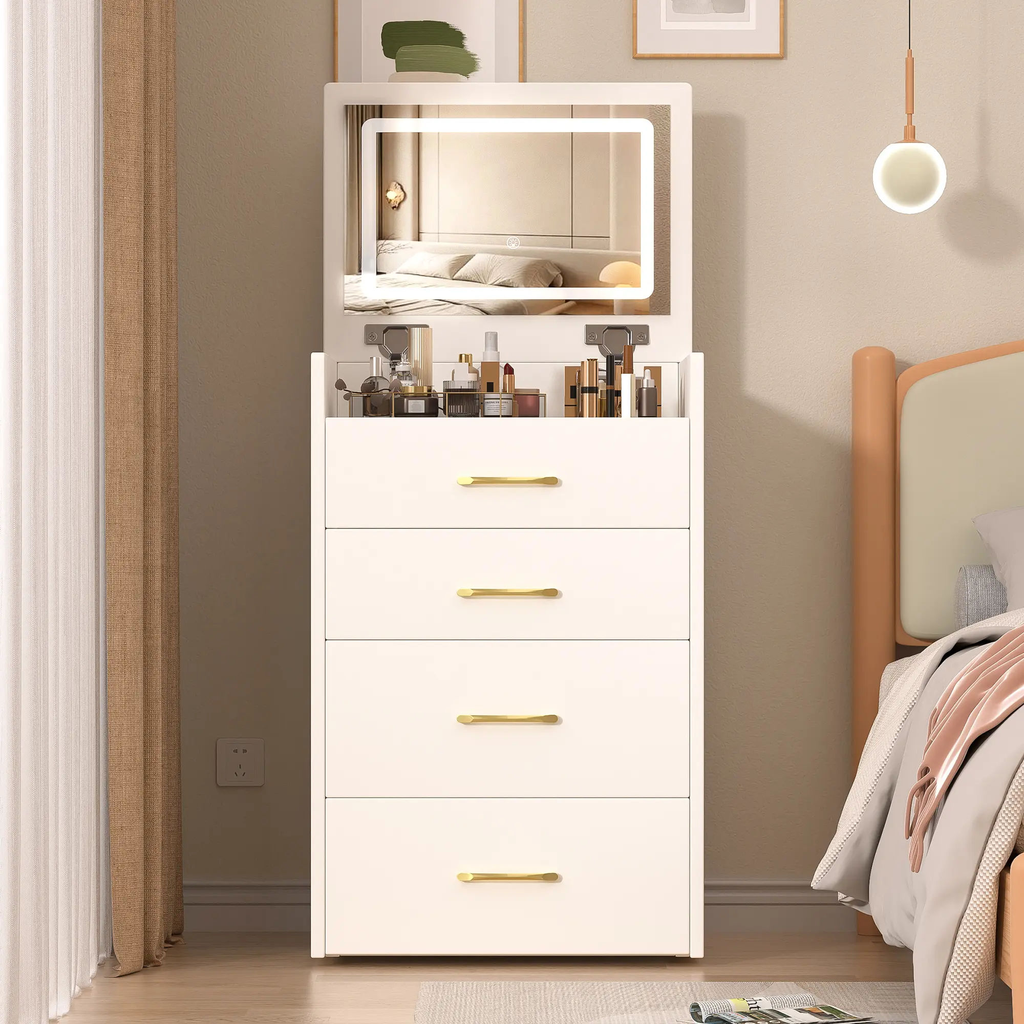 3-in-1 Vanity Desk with Flip Mirror & Glass Top, Small Makeup Table Set with 3 Drawers & Stool, Space-Saving Dressing Table for Bedroom