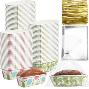 50 Sets Easter Paper Loaf Pan Disposable Loaf Pan Liners with Clear Plastic Bags and Ties Paper Baking Containers Rectangle Baking Mold for Bread Cake Bakery