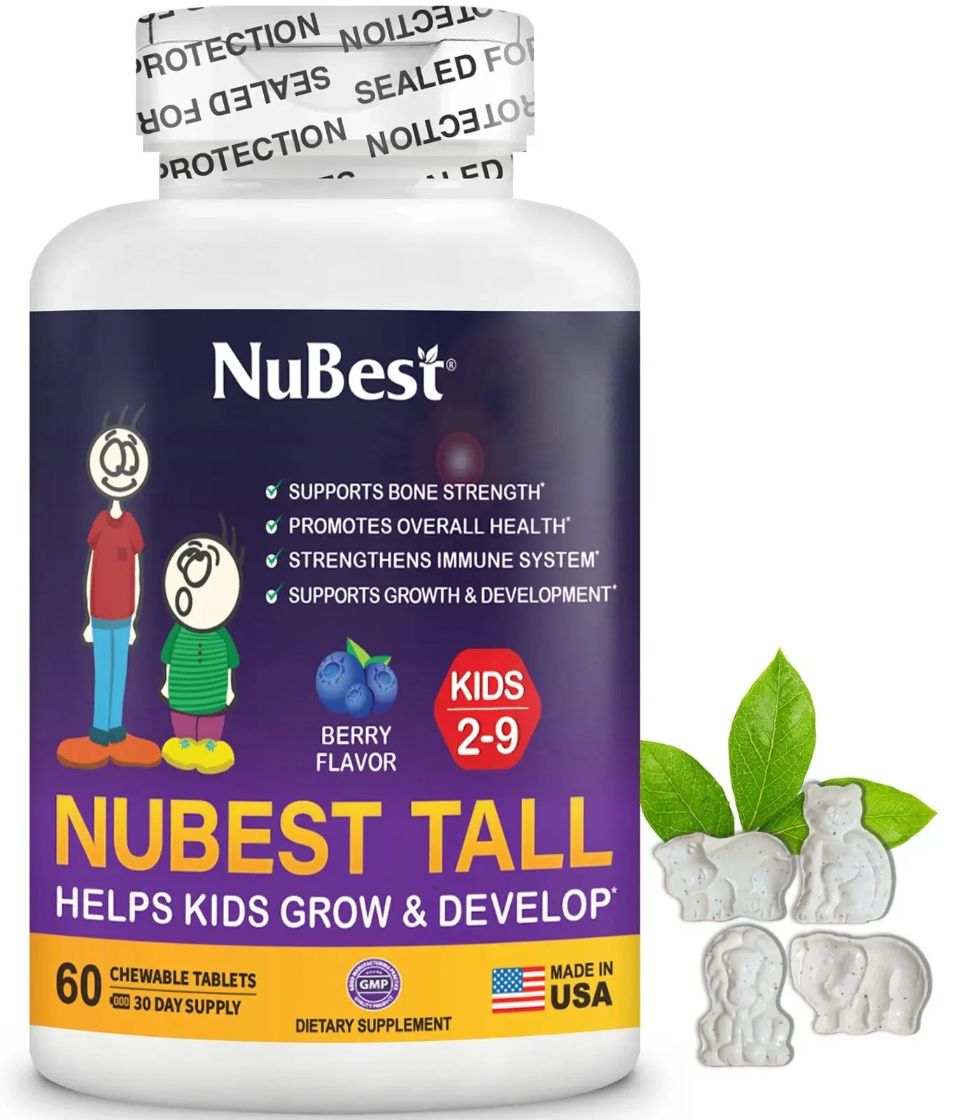 NuBest Tall Kids Growth & Bone Strength Formula Berry Chewables for Ages 2-9 Years 60 Daily Nutrient Supplement Supports Healthy Development