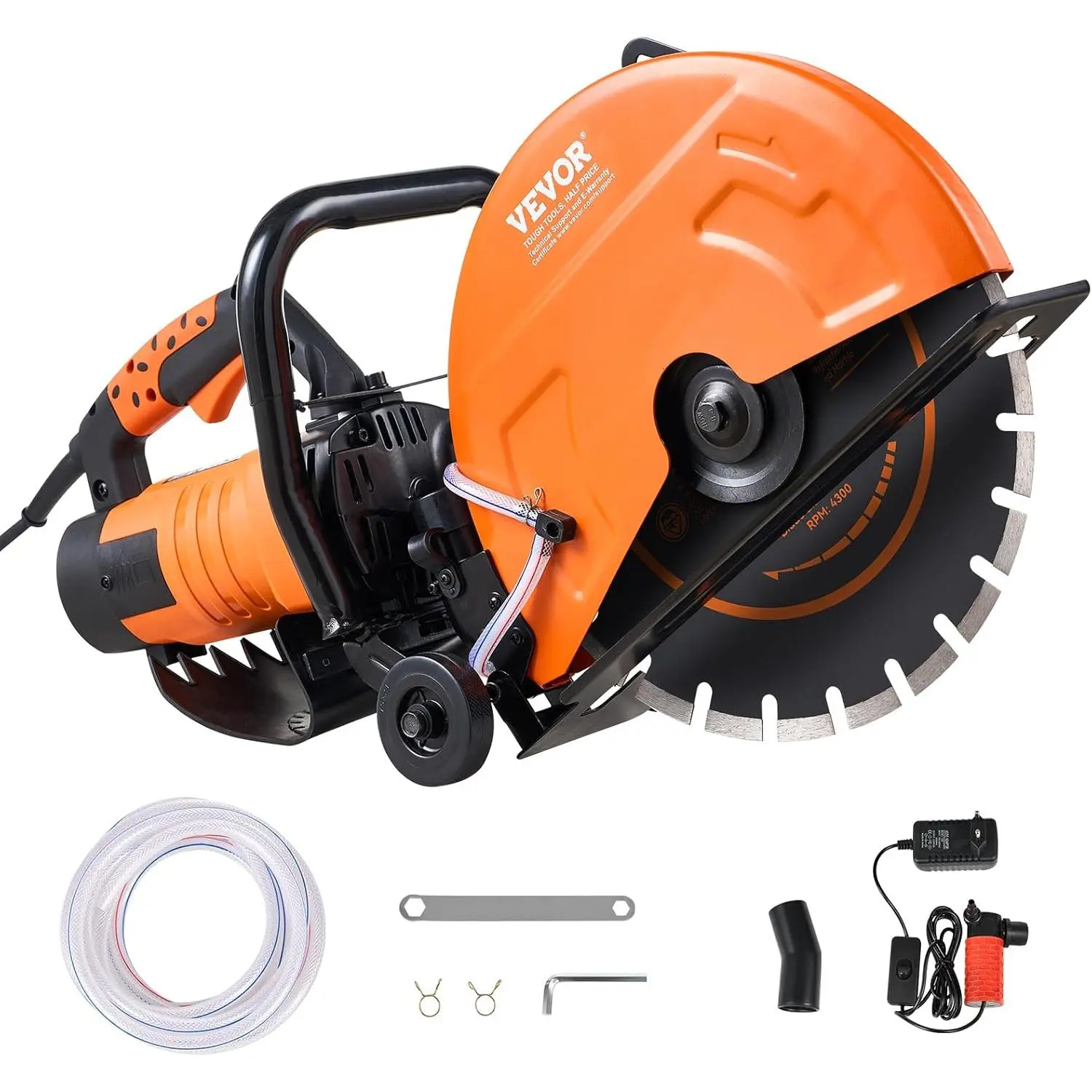 VEVOR 2600W Electric Concrete Saw, 14" Blade Size Circular Saw Cutter, 5 in Cutting Depth, Wet/Dry Disk Cutter with Water Line, Pump and Blade for Stone, Brick, Concrete, 14 In