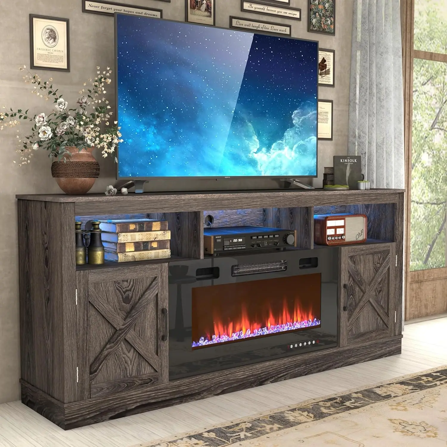 Farmhouse Fireplace TV Stand - 70in Wood TV Console, 32in Tall Living Room Furniture with 36in Electric Fireplace, LED Lighting, Sliding Barn Doors, 1–8 Flame Levels, 0.6" Thick Top for 70/75/80in TVs (Grey, White), Sliding Door