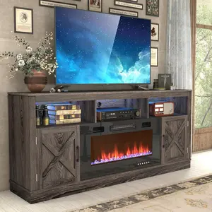 Farmhouse Fireplace TV Stand for 70/75/80 Inch TV, 32"Tall Entertainment Center w/ 36"Electric Fireplace & LED Light, 70"Media Console w/Barn Door Cabinet for Living Room, Grey,White