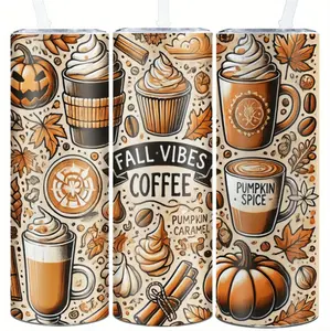 Autumn Inspired 20oz Stainless Steel Tumbler Featuring Pumpkin Spice and Maple Leaf Design Ideal for Thanksgiving Gifts and Family Travel