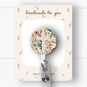 Cross & Flowers Badge Reel, Retractable Badge Reel w/ Alligator Swivel Clip