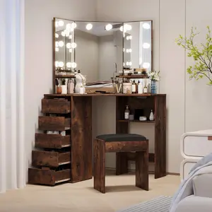 Corner Makeup Vanity Desk with Mirror & Lights, Adjustable 3-Color Brightness, Power Outlet, Includes Stool, Dark Brown Finish for Girls
