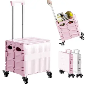 Folding Utility Cart Portable Rolling Crate Handcart Shopping Trolley Collapsible Tool Box, with Lid, Basket on 4 Rotate Wheels, for Grocery, Shopping, Office, Teacher (Pink)